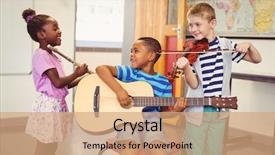  Presentation with kids playing - PPT theme enhanced with music - smiling kids playing guitar violin background and a coral colored foreground