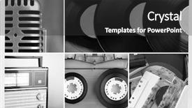  Presentation with music vinyl - Colorful slide deck enhanced with music album - vinyl records audio cassettes microphone backdrop and a dark gray colored foreground