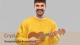  Presentation with ukulele - Cool new slide deck with music-and-people-concept-smiling backdrop and a gold colored foreground