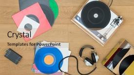  Presentation with music headphones - Colorful slide set enhanced with music arrangement - directly above view of various backdrop and a coral colored foreground