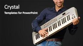  Presentation with black man - Cool new slide deck with music arrangement - young man holding piano isolated backdrop and a dark gray colored foreground