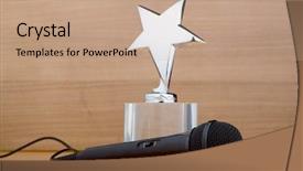  Presentation with star award - Colorful slide deck enhanced with star award against wooden background backdrop and a coral colored foreground