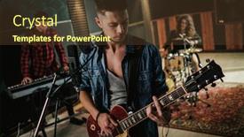  Presentation with music band - Cool new slide deck with music-band-having-rehearsal backdrop and a tawny brown colored foreground