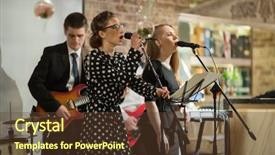  Presentation with music band - Beautiful PPT theme featuring music band of four people backdrop and a tawny brown colored foreground