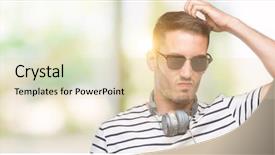  Presentation with one young man exercising handball - PPT layouts consisting of music brain - handsome young man wearing headphones background and a  colored foreground