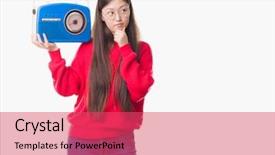  Presentation with vintage radio - PPT layouts having music brain - young chinese woman over isolated background and a  colored foreground