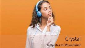  Presentation with wearing a surgical face mask - Cool new slide deck with music brain - young hispanic woman wearing headphones backdrop and a  colored foreground