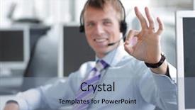  Presentation with project manager meeting - Slide deck consisting of music center - young project manager participating background and a  colored foreground