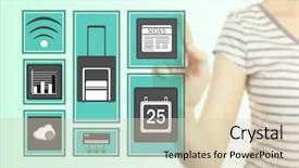  Presentation with charity - Slide deck enhanced with music charity - woman touching icon on screen background and a  colored foreground