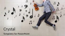  Presentation with violin orchestra conductor - Presentation theme having music charity - young businessman running with violin background and a  colored foreground