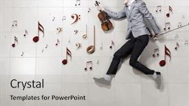  Presentation with violin orchestra conductor - Amazing presentation having music charity - young businessman running with violin backdrop and a  colored foreground