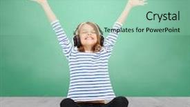  Presentation with green technology - Theme featuring music childhood people and technology concept - happy girl with headphones listening to music over green chalk board background background and a mint green colored foreground