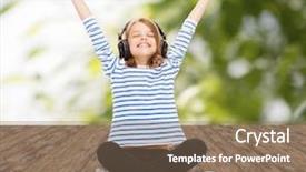  Presentation with greed - Presentation theme having music childhood people and technology concept - happy girl with headphones listening to music over greed background background and a coral colored foreground