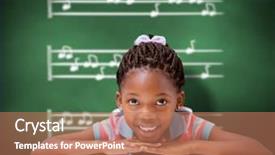  Presentation with green chalkboard - Theme enhanced with child development children portrait - smiling pupil sitting at her background and a coral colored foreground