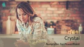  Presentation with recipe - Cool new slide deck with music cooking - cheerful woman looking online recipe backdrop and a coral colored foreground