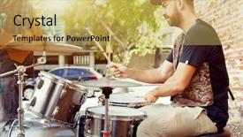  Presentation with drums - Cool new slide set with music drumming - street muscian playing drums backdrop and a yellow colored foreground