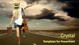  Presentation with vintage music - PPT theme consisting of music female - young woman with guitar background and a tawny brown colored foreground