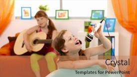  Presentation with microphone - Amazing presentation having music happy face - young girl singing into microphone backdrop and a  colored foreground