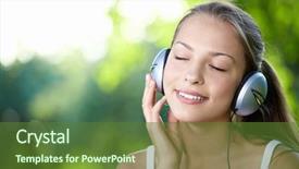  Presentation with music headphones - Cool new PPT theme with music happy face - young girl with headphones outdoors backdrop and a tawny brown colored foreground