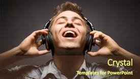  Presentation with music headphones - Amazing PPT theme having music happy face - young man wearing headphones backdrop and a tawny brown colored foreground