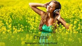  Presentation with headphones - PPT theme enhanced with music happy face - young woman with headphones background and a gold colored foreground