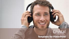 Presentation with music headphones - Colorful PPT theme enhanced with music-headphones-man-listening backdrop and a coral colored foreground
