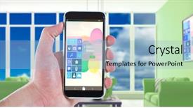  Presentation with mobile phone in woman hand - Beautiful theme featuring music heaven - cropped hand holding mobile phone backdrop and a light blue colored foreground