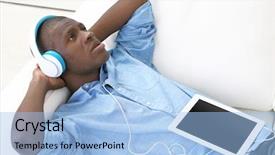  Presentation with headphones - PPT theme enhanced with music heaven - handsome african american man background and a light blue colored foreground