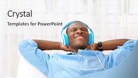  Presentation with headphones - Audience pleasing PPT layouts consisting of music heaven - handsome african american man backdrop and a sky blue colored foreground