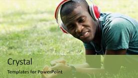  Presentation with headphones - Theme having music heaven - handsome african american man background and a  colored foreground