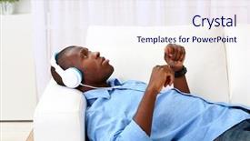  Presentation with headphones - Presentation theme having music heaven - handsome african american man background and a sky blue colored foreground