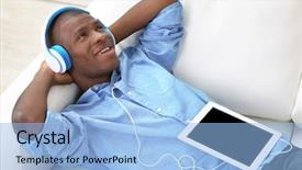  Presentation with headphones - Beautiful PPT theme featuring music heaven - handsome african american man backdrop and a  colored foreground