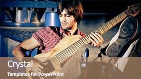  Presentation with play area - Colorful PPT theme enhanced with music industry - young man play bass guitar backdrop and a coral colored foreground