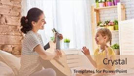  Presentation with displaying a happy mother cudd - Audience pleasing slide deck consisting of music instrument - happy family mother and daughter backdrop and a coral colored foreground