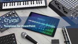  Presentation with music instruments - Cool new presentation design with music instruments and tablet with recording sound concept backdrop and a ocean colored foreground