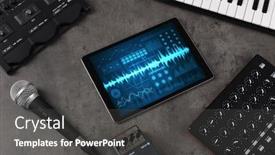  Presentation with music instruments - Presentation design enhanced with music instruments and tablet with recording sound concept background and a dark gray colored foreground