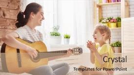  Presentation with family playing board game - Colorful presentation theme enhanced with music instruments school - happy family mother and daughter backdrop and a coral colored foreground