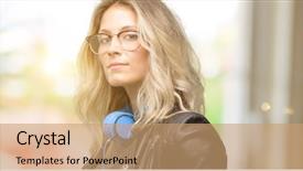  Presentation with headphones - Slide set enhanced with music invitation - young student woman with headphones background and a  colored foreground