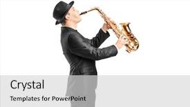  Presentation with jazz music - PPT theme featuring music jazz - man in a suit playing background and a light gray colored foreground