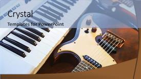  Presentation with electric - Audience pleasing PPT layouts consisting of music keyboard - electric guitars and synthesizer closeup backdrop and a light blue colored foreground