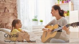  Presentation with family playing board game - Cool new slides with music kids - happy family mother and daughter backdrop and a coral colored foreground