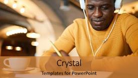  Presentation with professional learning community - Amazing PPT theme having music manager - young serious man with headphones backdrop and a gold colored foreground