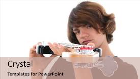  Presentation with bass guitar - PPT layouts having music native instruments - teen boy holding bass guitar background and a coral colored foreground