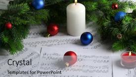  Presentation with christmas music - Colorful PPT layouts enhanced with music notes with christmas decoration backdrop and a light gray colored foreground