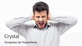  Presentation with ears - Beautiful slide set featuring music nots - casual man covering his ears backdrop and a  colored foreground