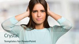  Presentation with ears - Colorful PPT theme enhanced with music nots - unhappy woman closing her ears backdrop and a sky blue colored foreground