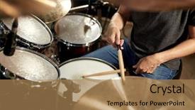  Presentation with drums - Colorful PPT theme enhanced with music people musical instruments and entertainment concept - male musician playing drums and cymbals at concert or studio backdrop and a coral colored foreground