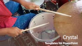  Presentation with female - Audience pleasing theme consisting of music performance - midsection of female drummer performing backdrop and a tawny brown colored foreground