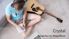  Presentation with floor - Audience pleasing presentation design consisting of music performance - young man composing the song backdrop and a light gray colored foreground