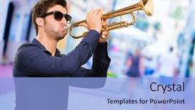  Presentation with trumpet - Amazing slide deck having music player - young man holding trumpet outdoor backdrop and a light blue colored foreground